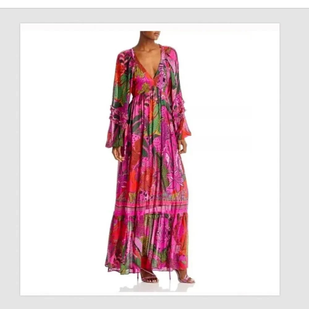 NWT Anthropologie Farm Rio Cool Leopards Long Sleeve V Neck Maxi Dress Size S